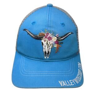 Vie Trucker Hat Blue Gray White One Size Mesh Floral Longhorn Skull Embroidery